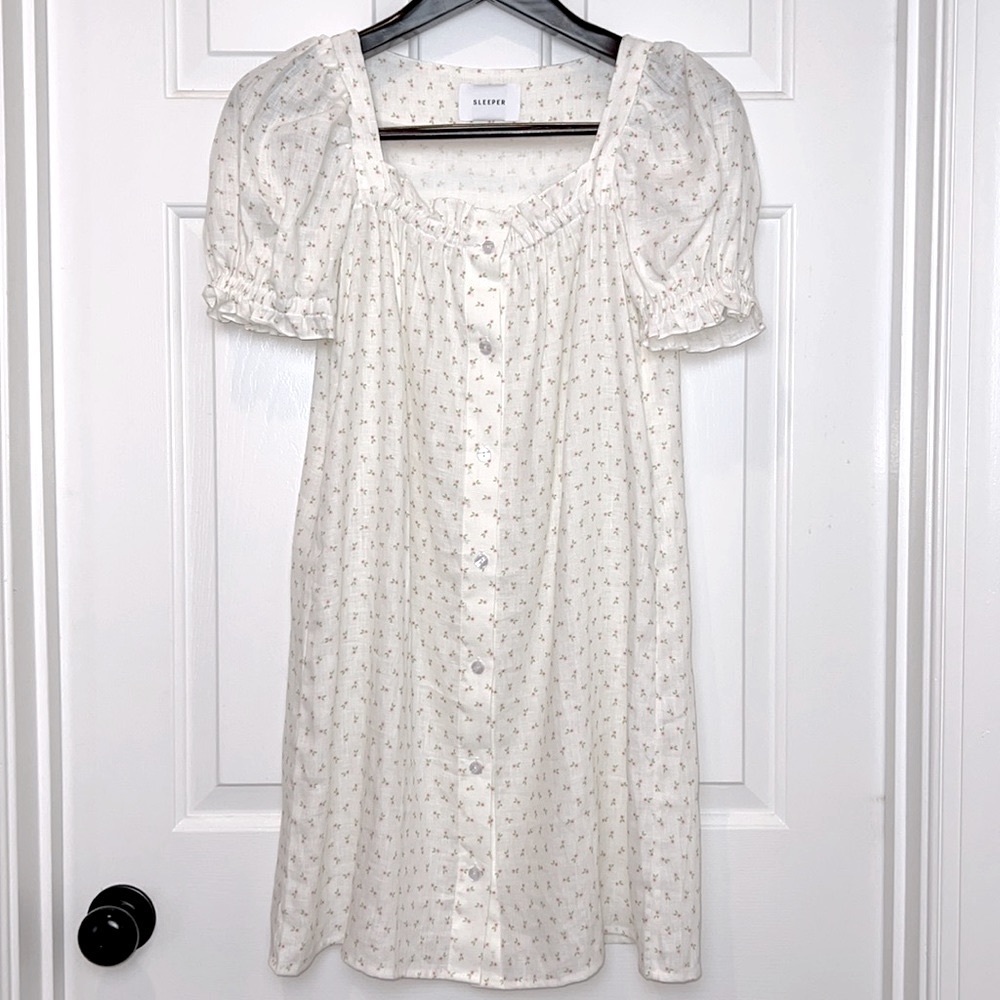 Sleeper Brigitte Belted Printed Linen-Voile Mini Dress Size Small White Floral